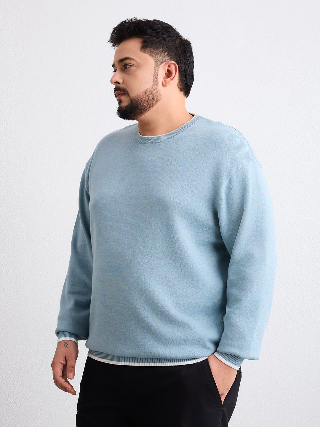 Flat Knit Full Sleeve Polo Ribbed T Shirt  - Light Blue - Style 133