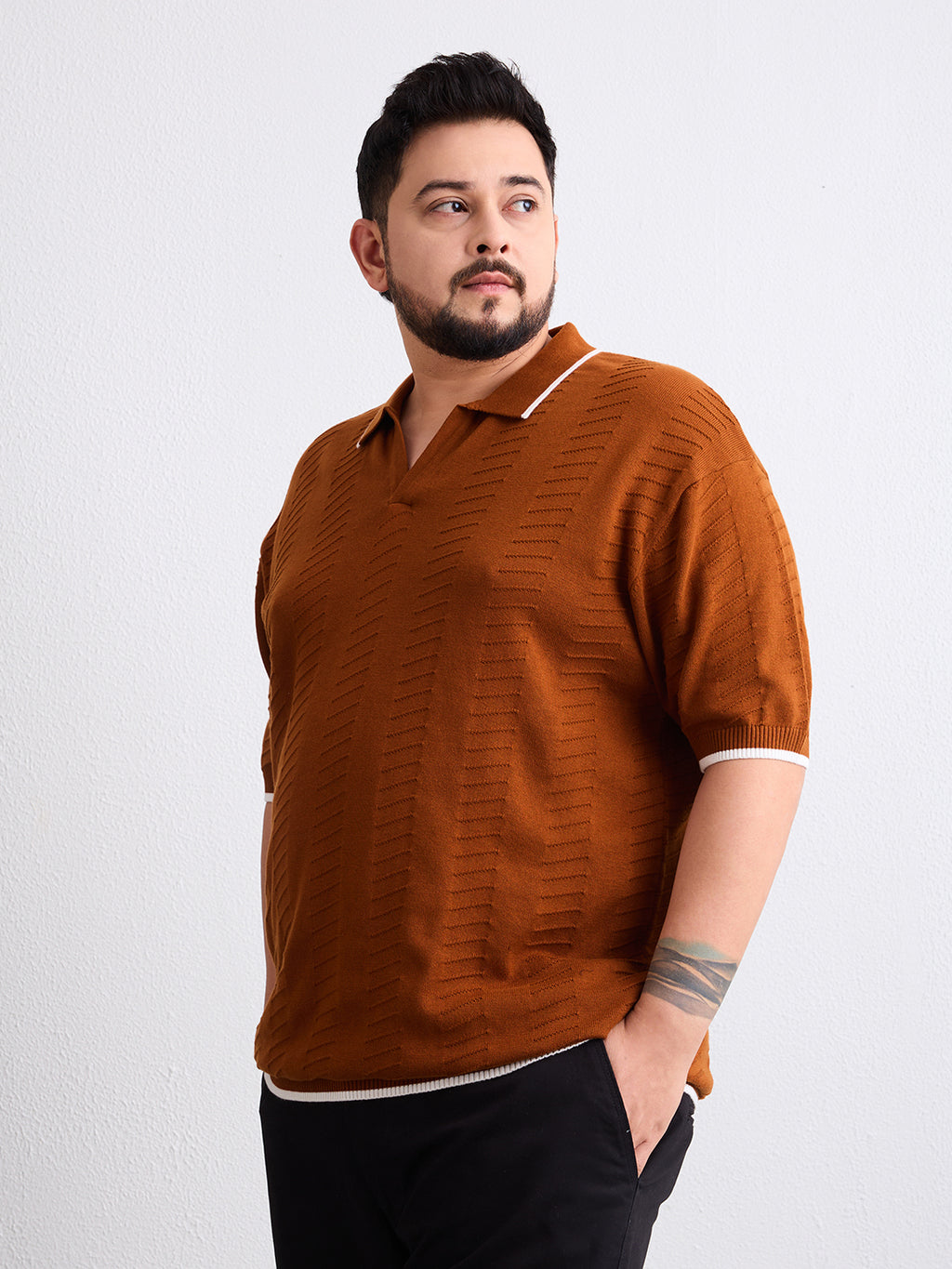 Flat Knit Half Sleeve Polo Ribbed T Shirt  - Rust - Style 138-Rust