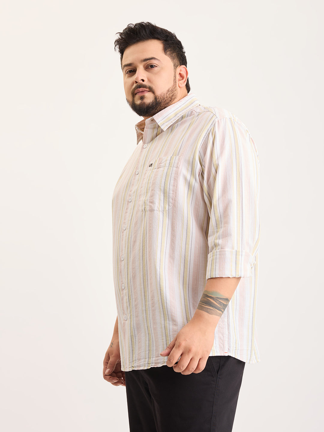 Plus Size Cotton 1 Pocket Regular Fit Smart Casual Shirt  - Yellow-White - Style 1267