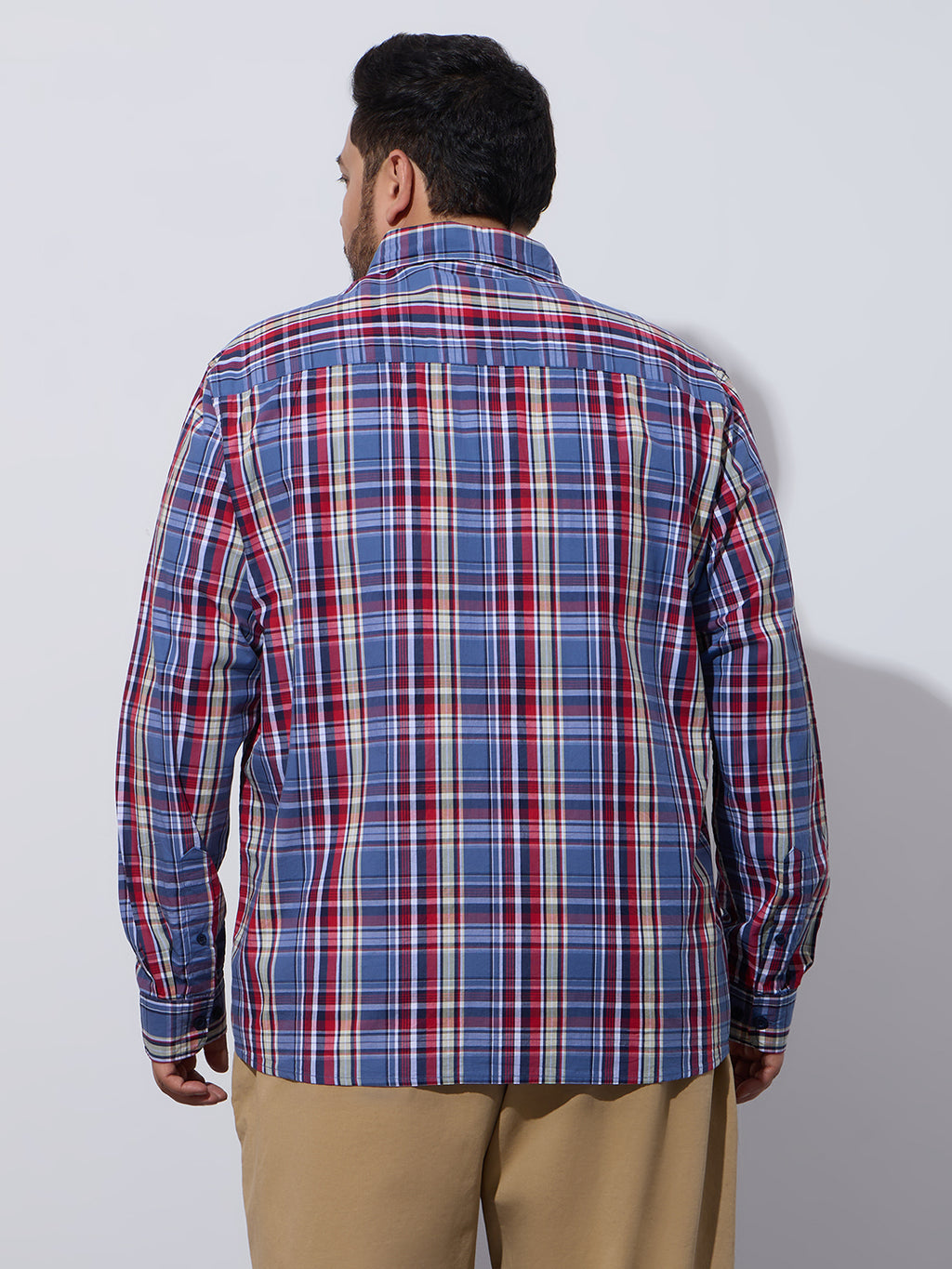 Plus Size Cotton Checks Shirt 1 Pocket Regular Fit Smart Casual Shirt, Style- Plus-1263-Red
