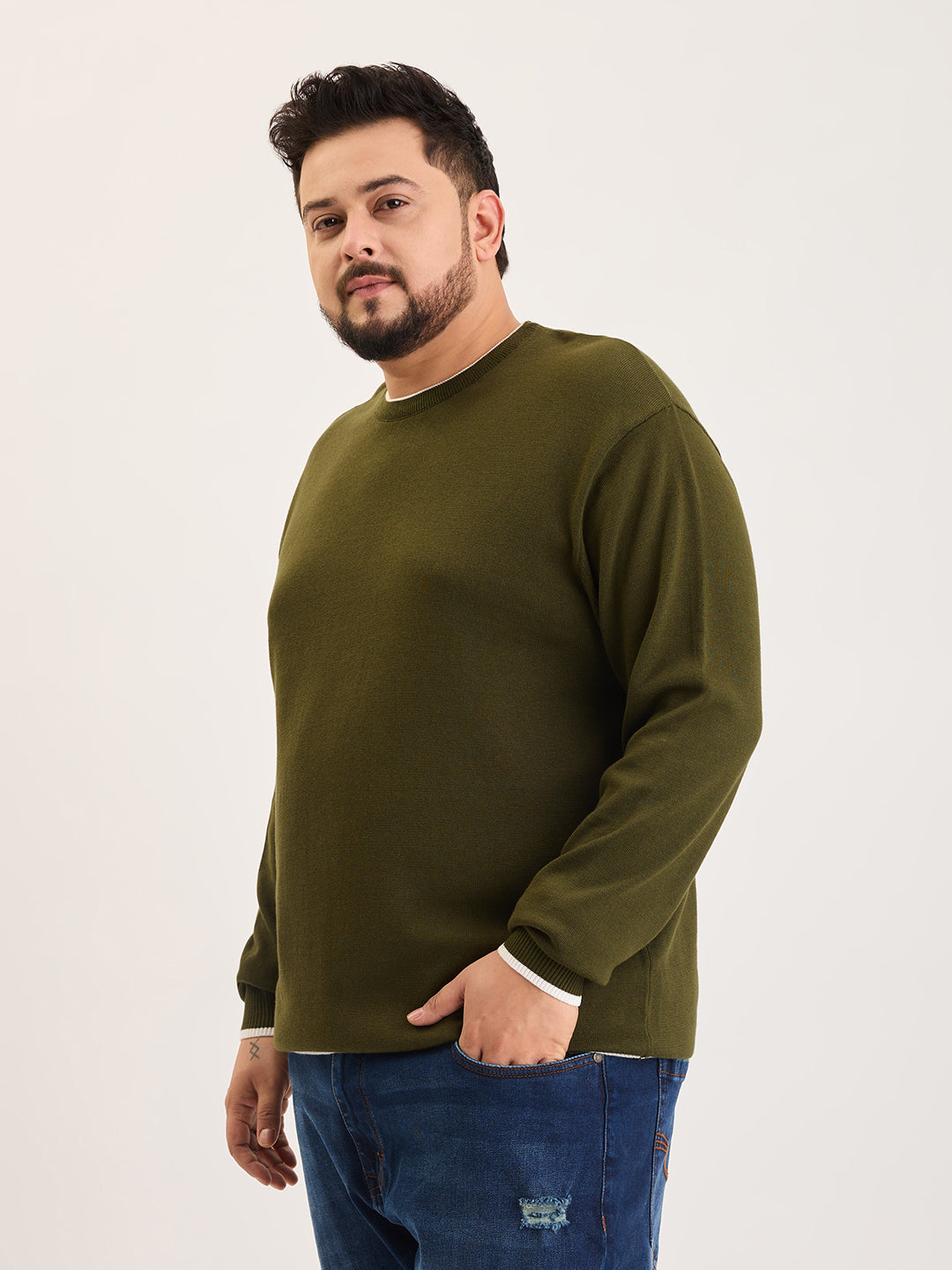 Flat Knit Full Sleeve Polo Ribbed T Shirt  - Olive Green - Style 133