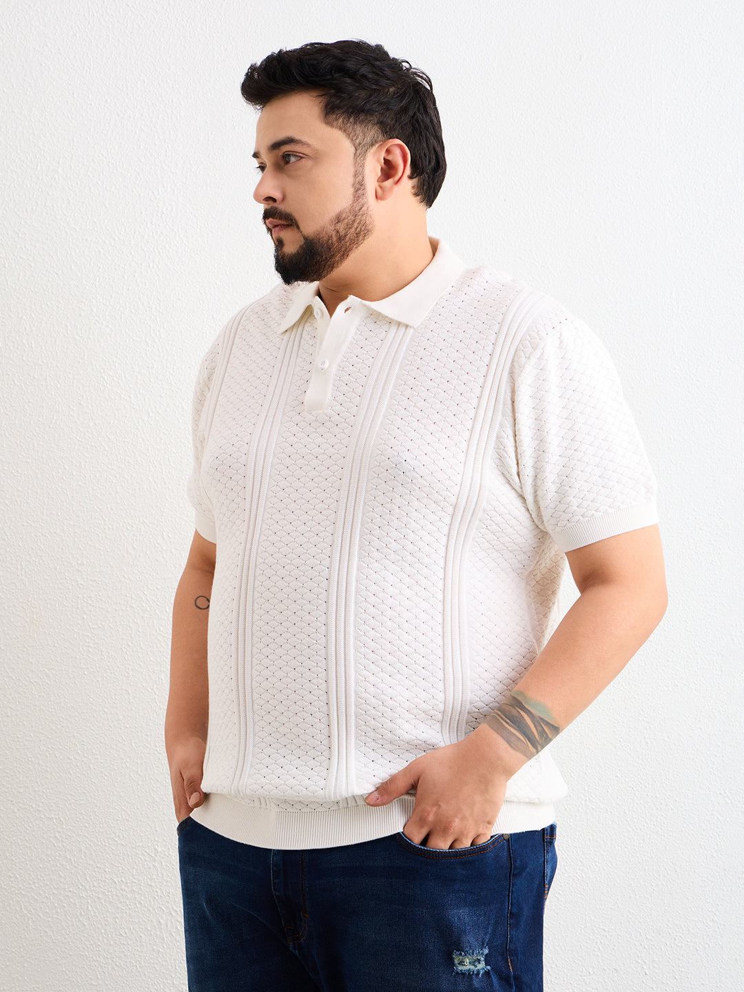 Neon Chillie Men's Plus Size Half Sleeve Polo Ribbed T Shirt - 144-White