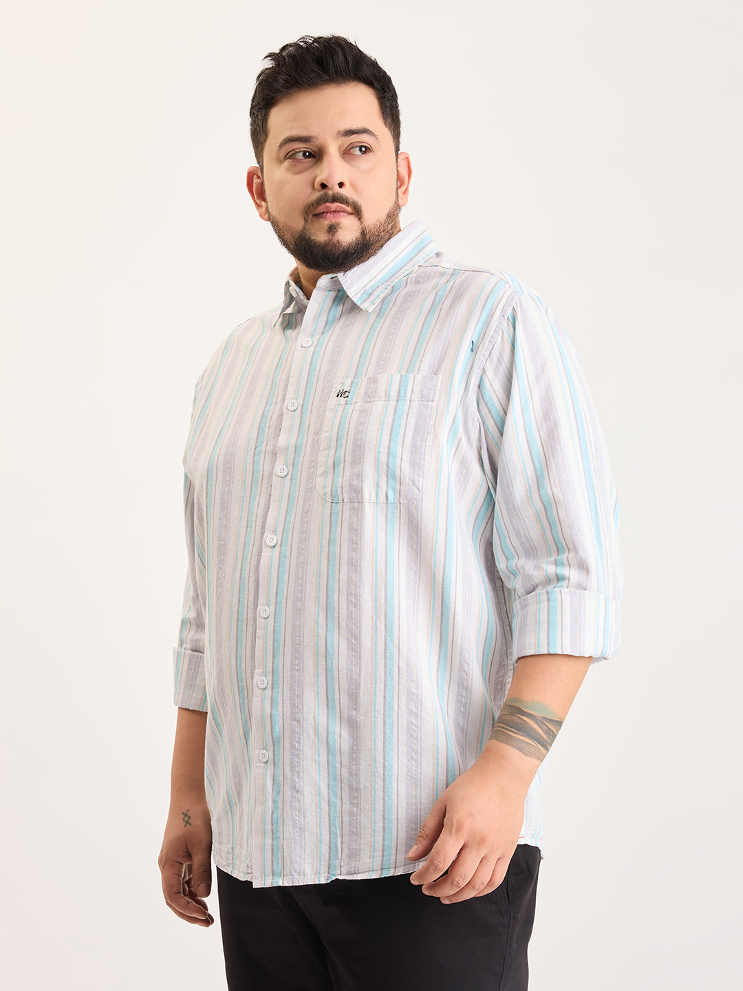 Plus Size Cotton 1 Pocket Regular Fit Smart Casual Shirt  - Aqua Blue - Style 1266