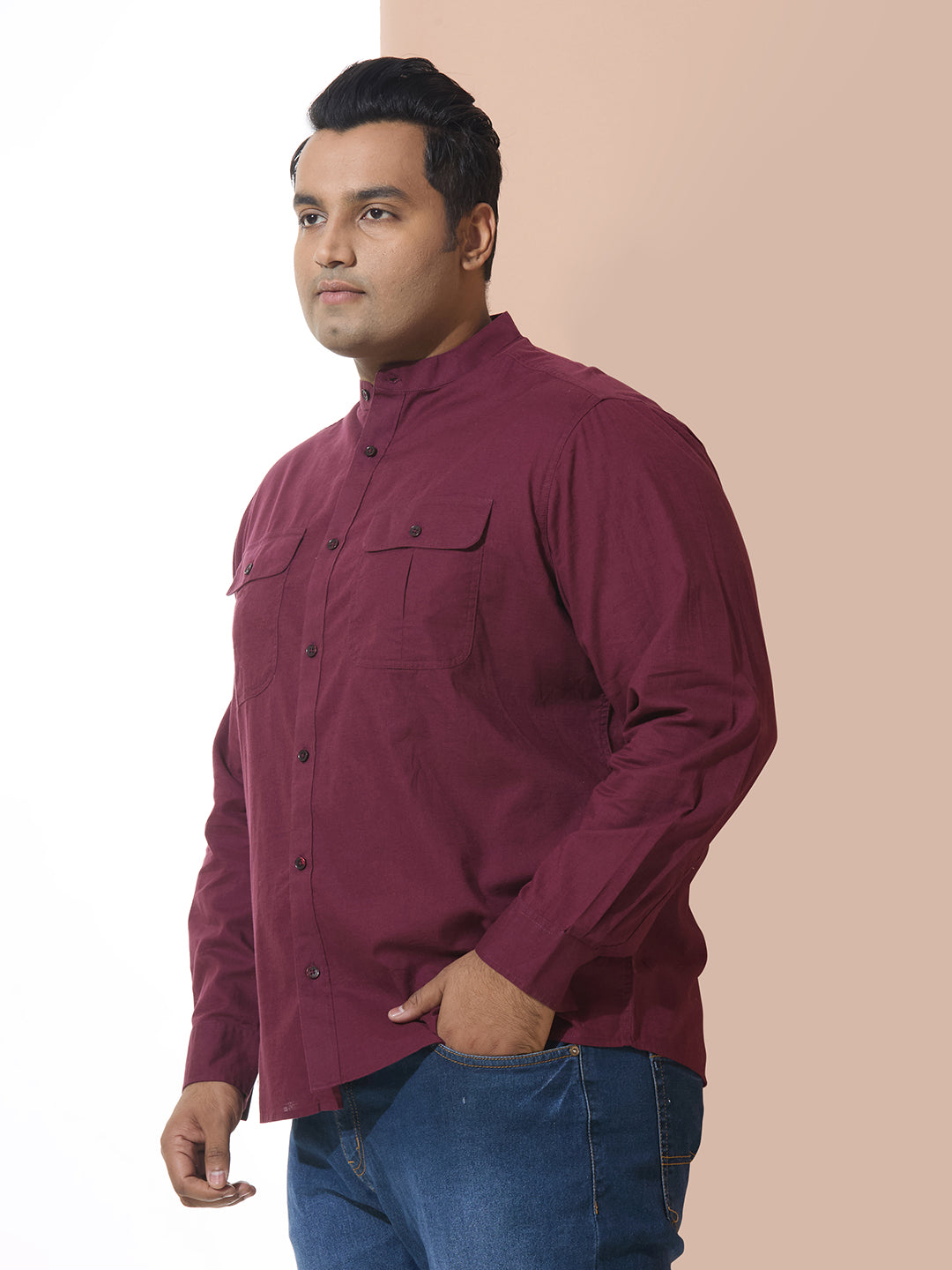 Men Cotton Linen 2 Pocket Regular Fit Smart Casual Shirt - Style- NC-2k53-Wine