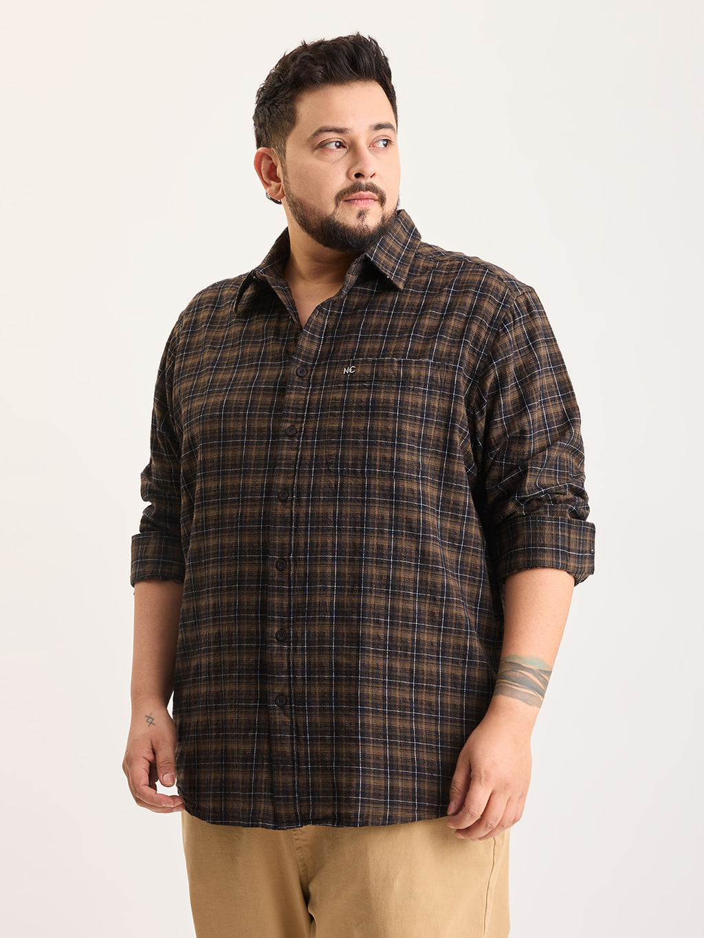 Plus Size Cotton 1 Pocket Regular Fit Smart Casual Shirt  - Black - Style 1264
