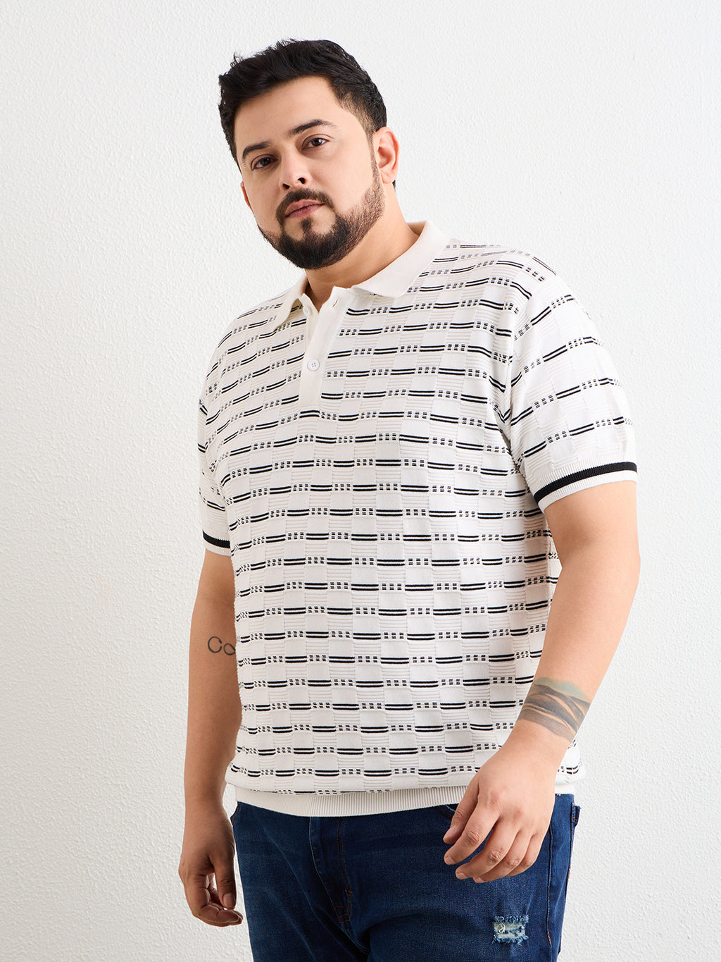 Neon Chillie Men's Plus Size Half Sleeve Polo Ribbed T Shirt - 144-White