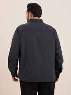 Plus Size Cotton Stripes Shirt 1 Pocket Regular Fit Smart Casual Shirt , Style-1270-Black