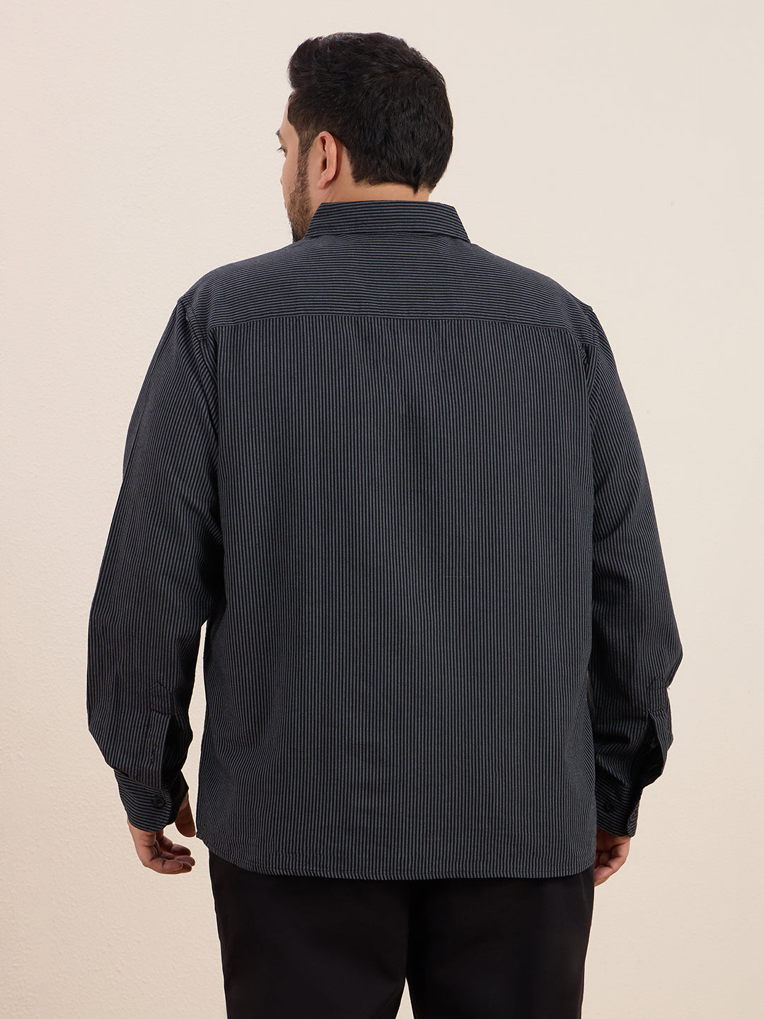 Plus Size Cotton Stripes Shirt 1 Pocket Regular Fit Smart Casual Shirt , Style-1270-Black