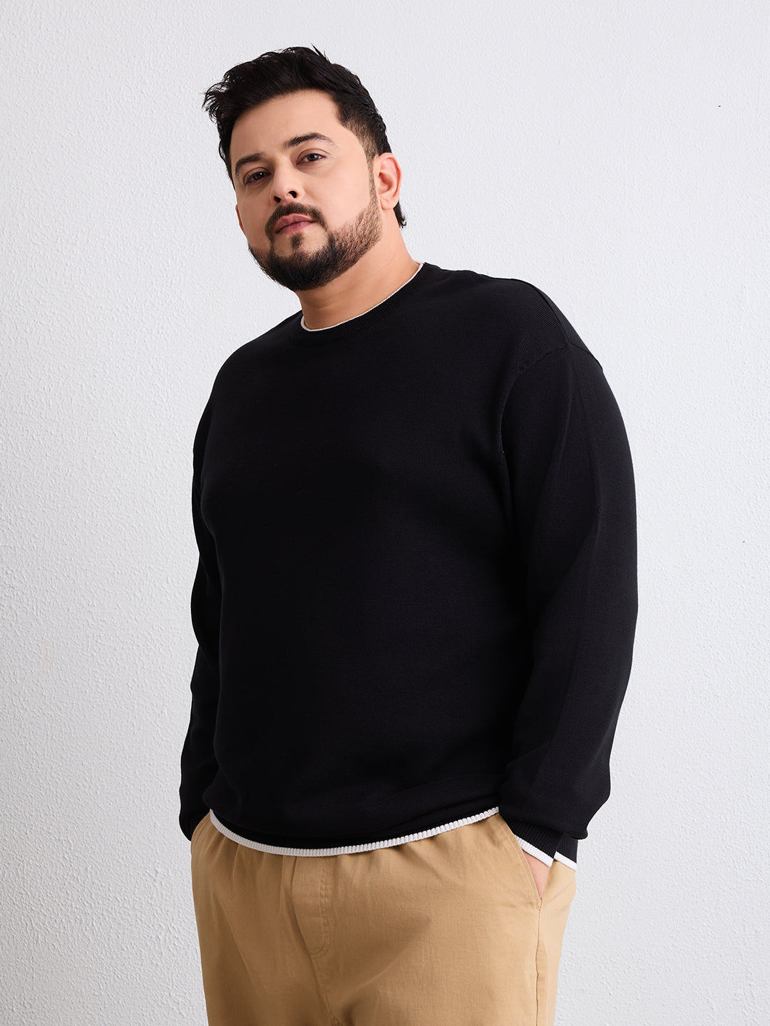 Flat Knit Full Sleeve Polo Ribbed T Shirt  - Black - Style 133