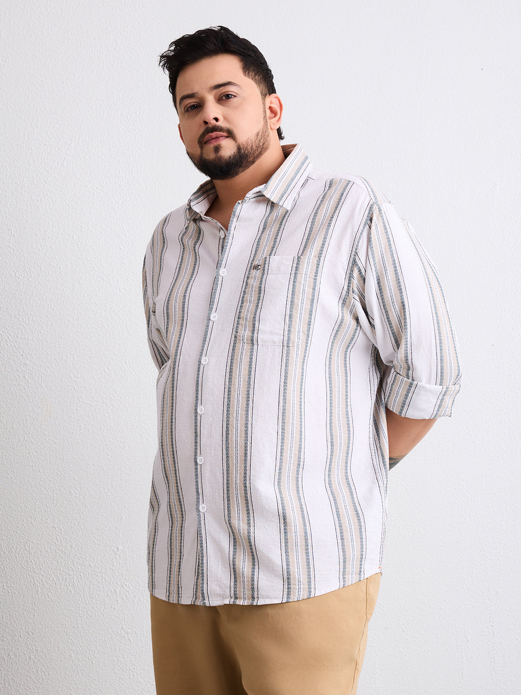 Plus Size Cotton 1 Pocket Regular Fit Smart Casual Shirt  - Beige - Style 1269