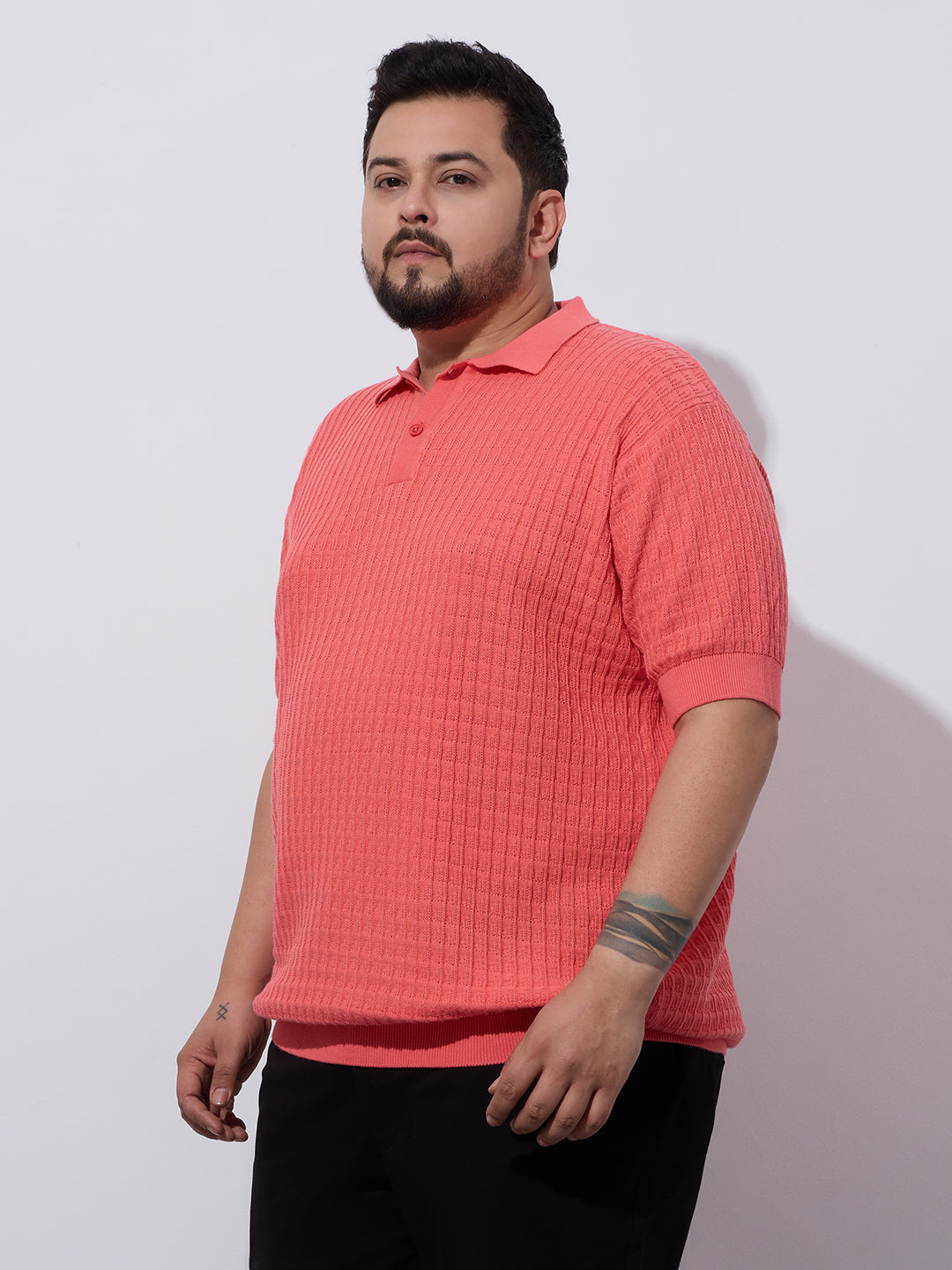 Flat Knit Half sleeve Polo Ribbed T Shirt -Style- NC-Plus-129-Carrot