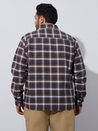 Plus Size Cotton Checks Shirt 1 Pocket Regular Fit Smart Casual Shirt, Style- Plus-1262-brown