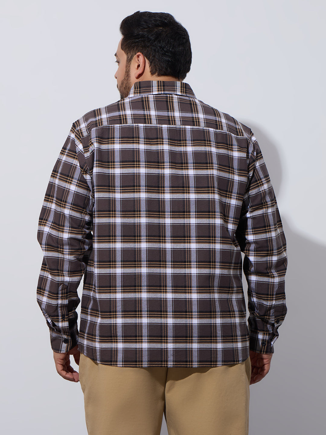 Plus Size Cotton Checks Shirt 1 Pocket Regular Fit Smart Casual Shirt, Style- Plus-1262-brown