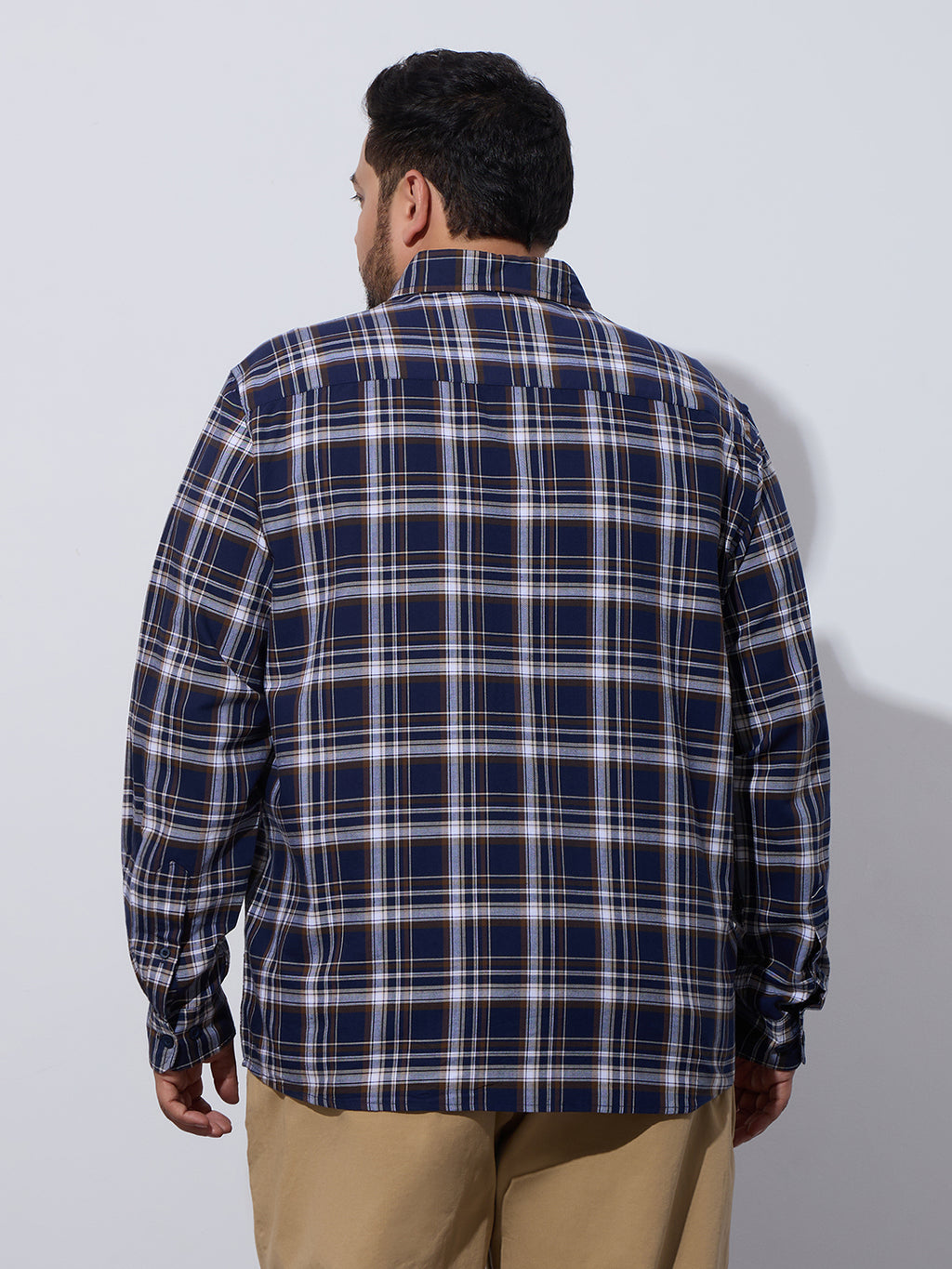 Plus Size Cotton Checks Shirt 1 Pocket Regular Fit Smart Casual Shirt, Style-Plus-1265-Navy