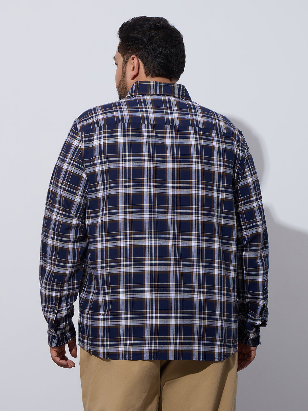 Plus Size Cotton Checks Shirt 1 Pocket Regular Fit Smart Casual Shirt, Style-Plus-1265-Navy