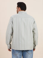 Plus Size Cotton Stripes Shirt 1 Pocket Regular Fit Smart Casual Shirt, Style- Plus-1266-Sage Green