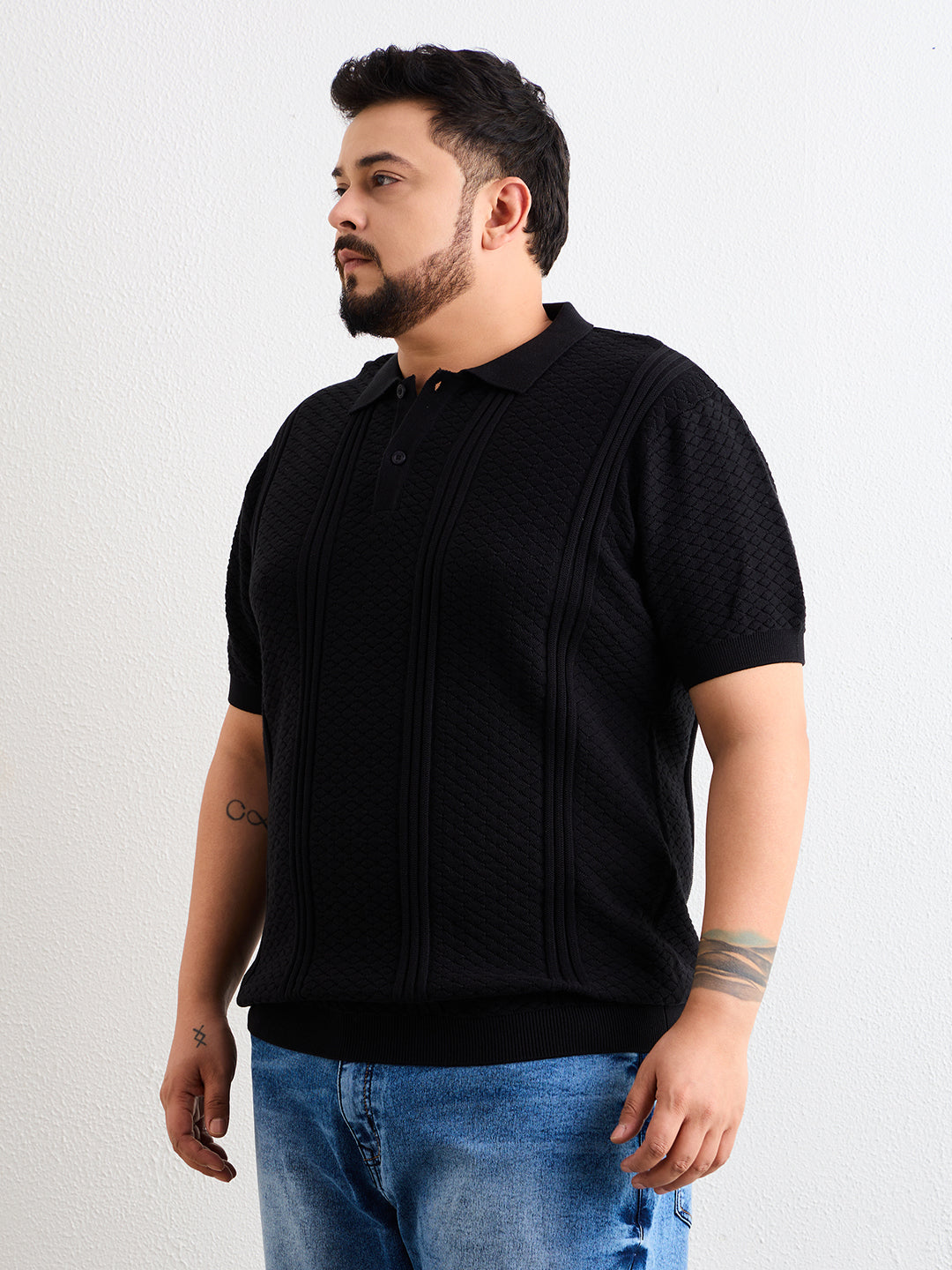 Neon Chillie Men's Plus Size Half Sleeve Polo Ribbed T Shirt - 144-Black