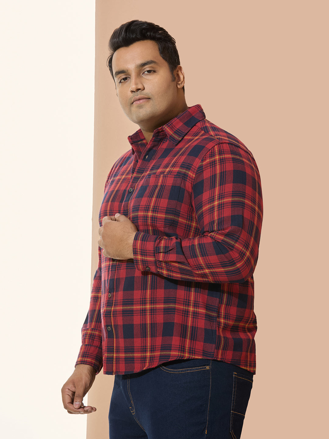Men Cotton Checks 1 Pocket Regular Fit Smart Casual Shirt - Red