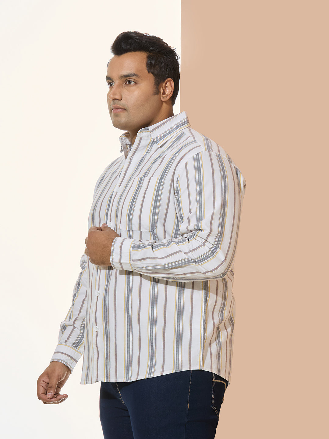 Men Cotton Stripe 1 Pocket Regular Fit Smart Casual Shirt - WhiteYelllow