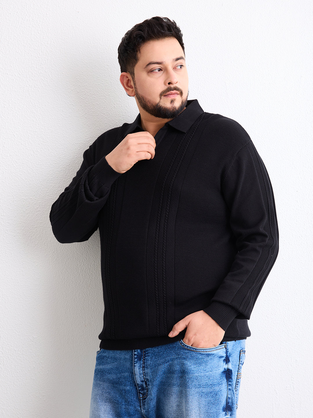 Flat Knit Full Sleeve Polo Ribbed T Shirt  - Black - Style 136