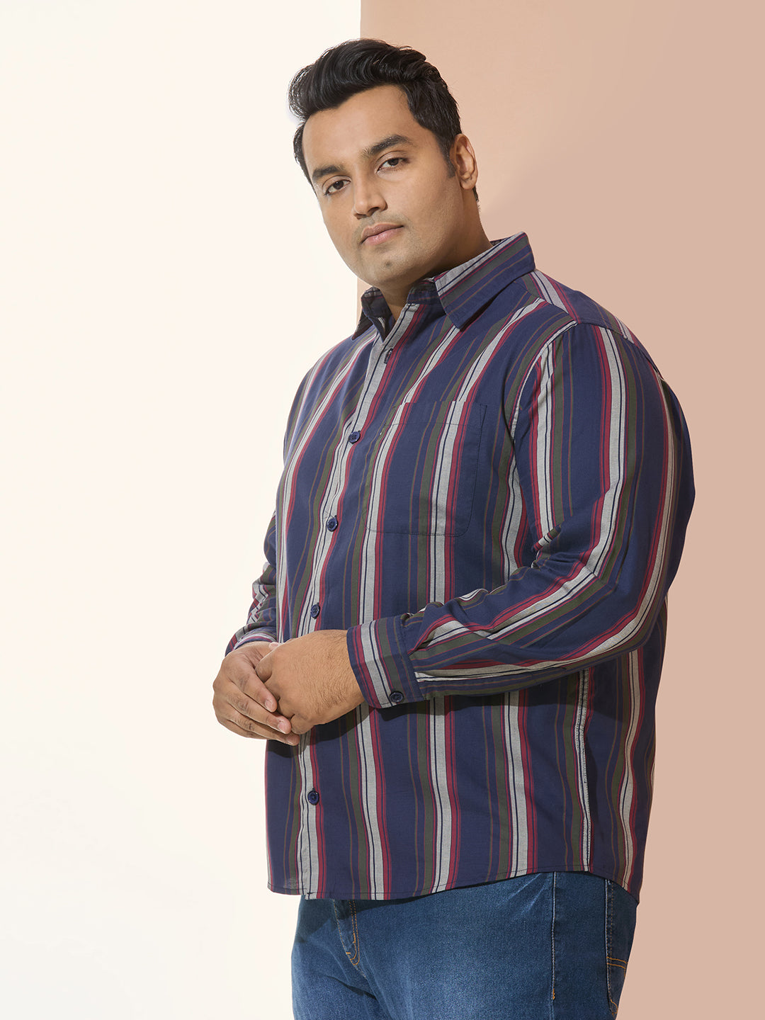 Men Cotton Stripe 1 Pocket Regular Fit Smart Casual Shirt - RedOlive