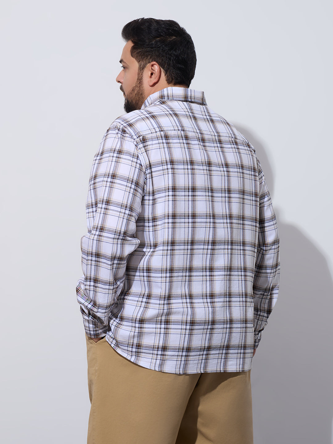 Plus Size Cotton Checks Shirt 1 Pocket Regular Fit Smart Casual Shirt, Style- Plus-1265-white