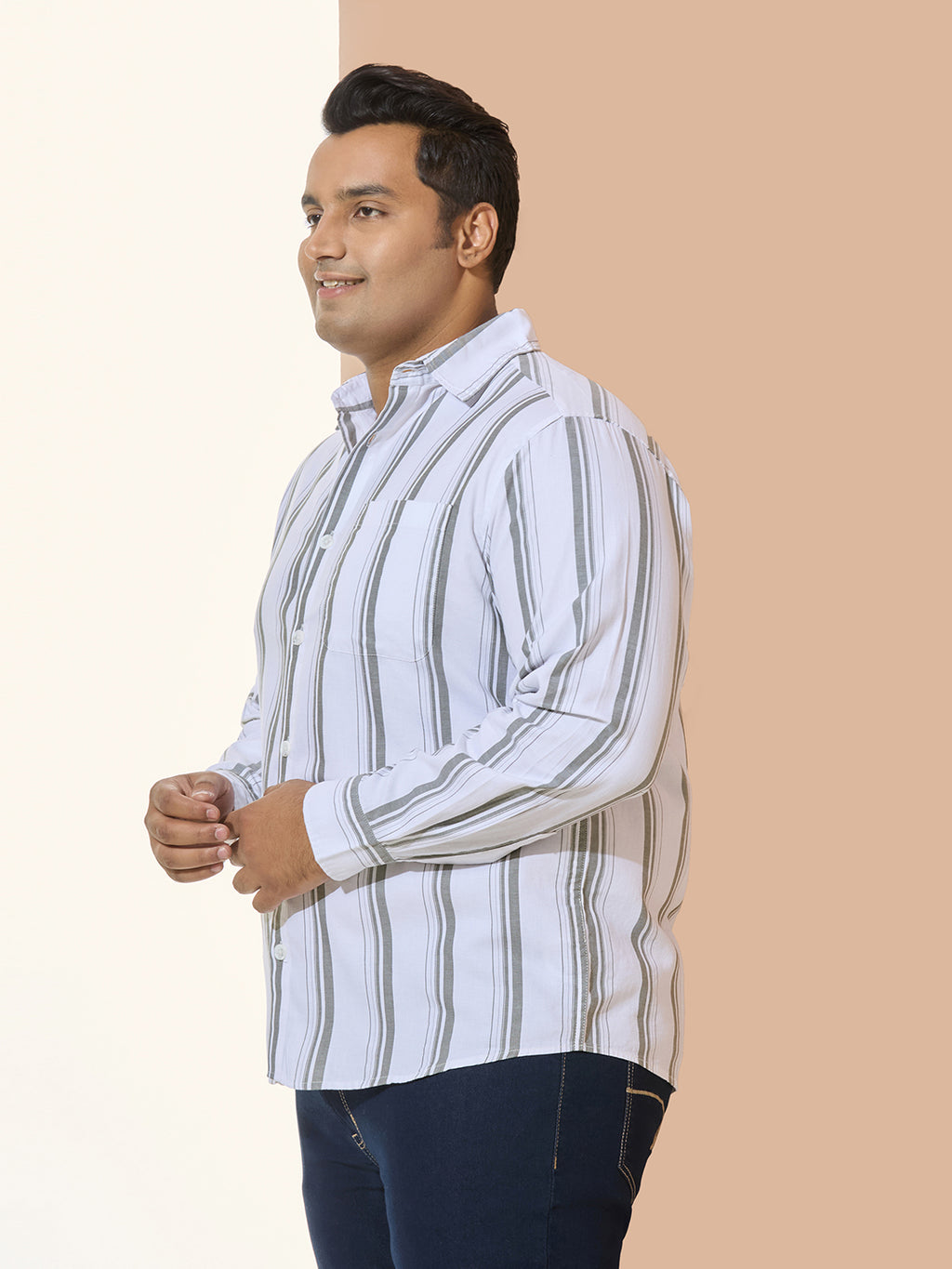 Men Cotton Stripe 1 Pocket Regular Fit Smart Casual Shirt - WhiteGreen