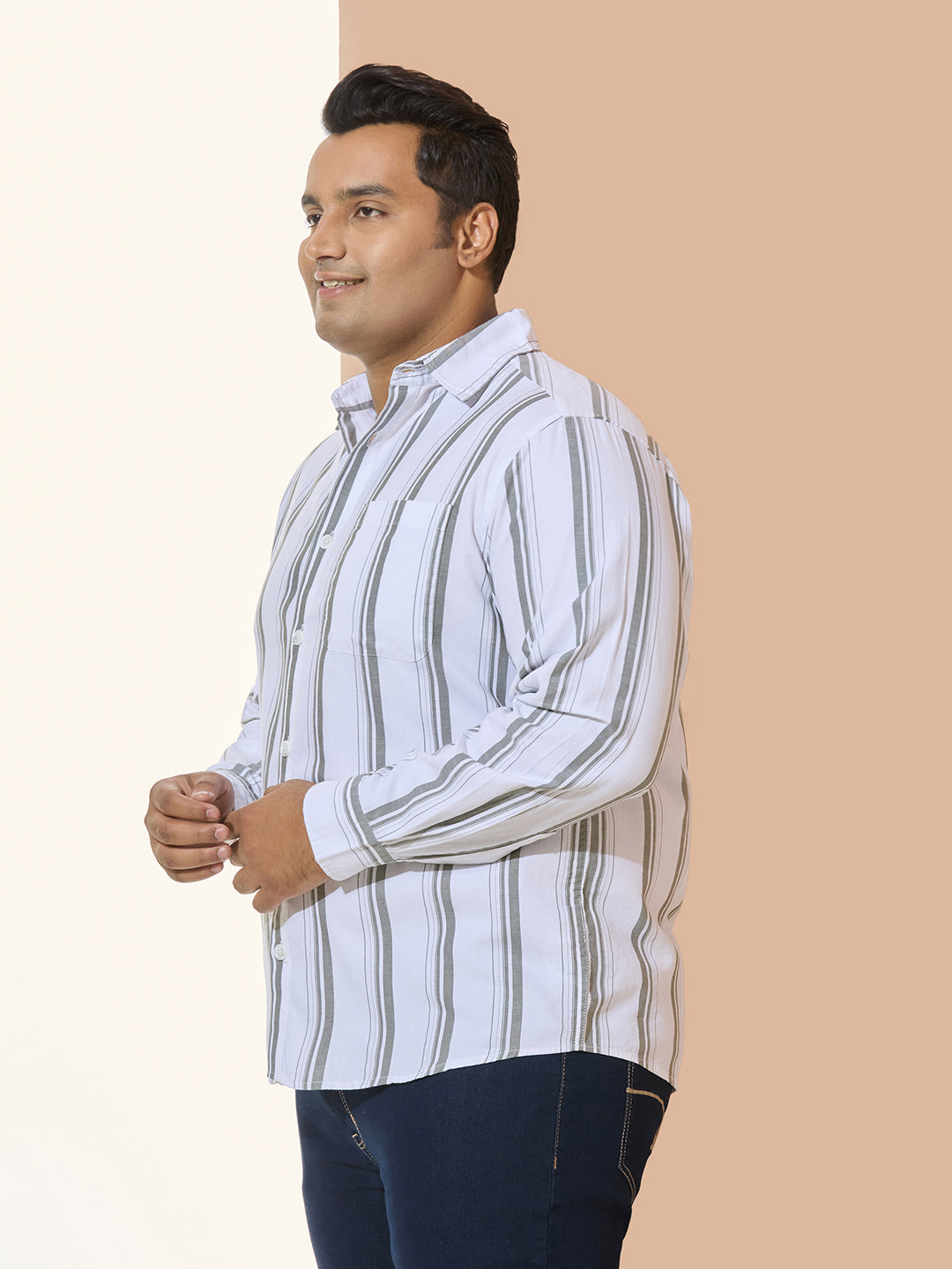 Men Cotton Stripe 1 Pocket Regular Fit Smart Casual Shirt - WhiteGreen