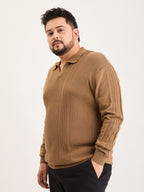 Flat Knit Full Sleeve Polo Ribbed T Shirt  - Khaki - Style 136
