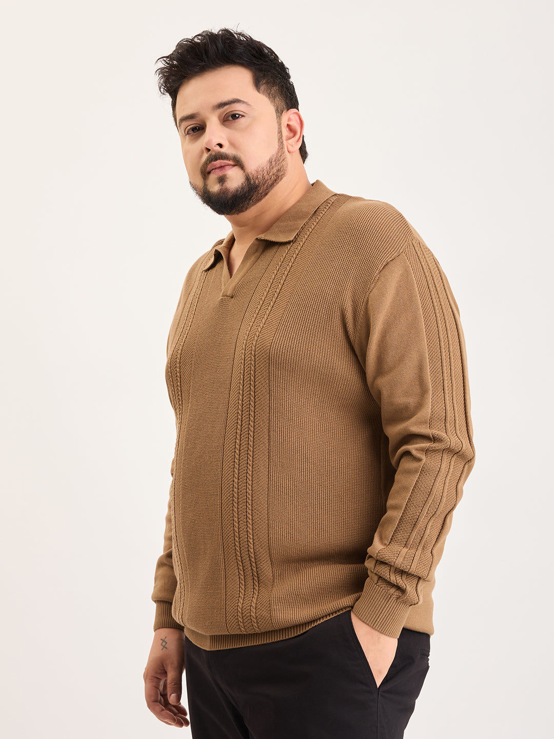Flat Knit Full Sleeve Polo Ribbed T Shirt  - Khaki - Style 136