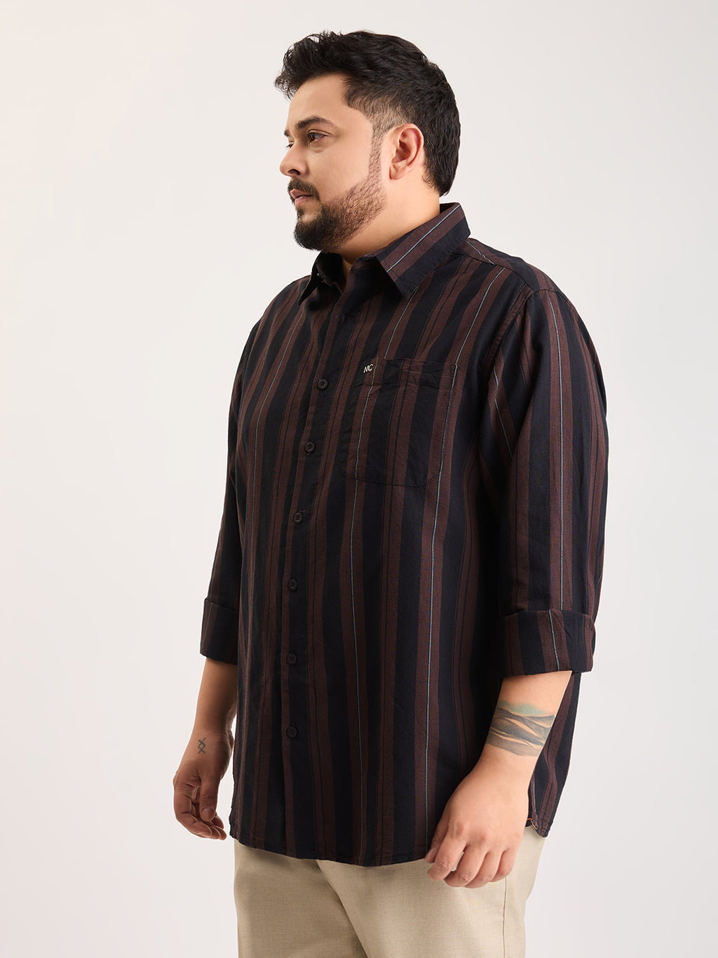 Plus Size Cotton 1 Pocket Regular Fit Smart Casual Shirt  - Coffee - Style 1268