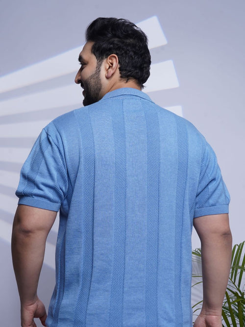 Flat Knit Half sleeve Polo Ribbed T Shirt - 125-Skyblue
