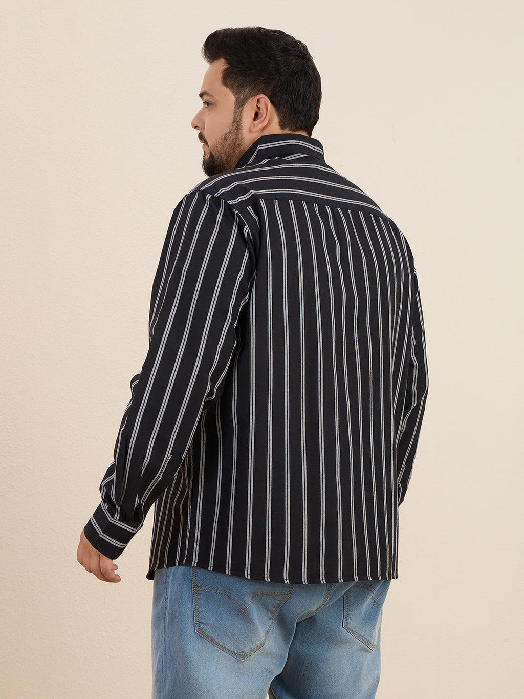 Plus Size Cotton Stripes Shirt 1 Pocket Regular Fit Smart Casual Shirt, Style- Plus-1266-black