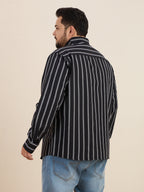 Plus Size Cotton Stripes Shirt 1 Pocket Regular Fit Smart Casual Shirt, Style- Plus-1266-black
