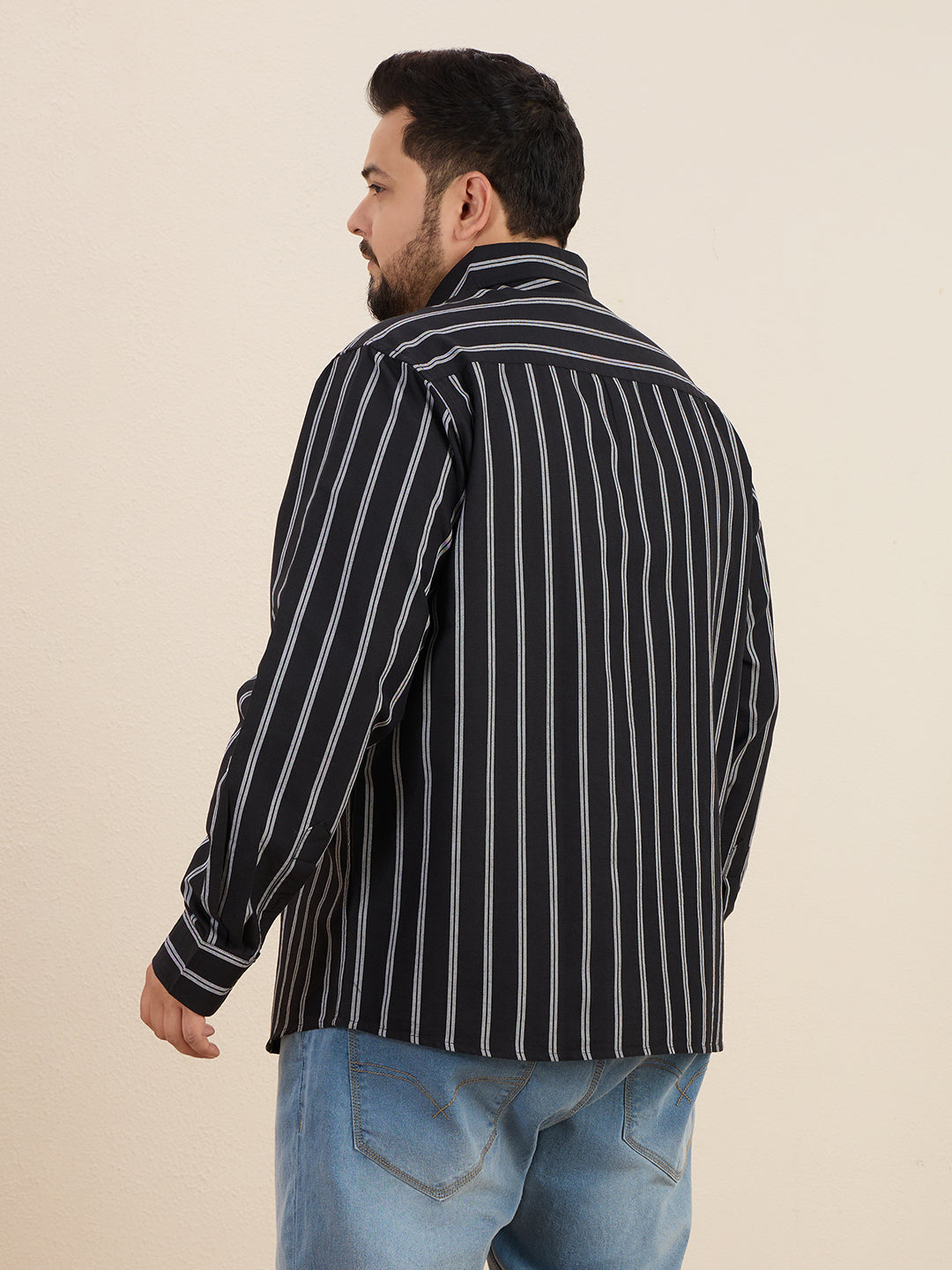 Plus Size Cotton Stripes Shirt 1 Pocket Regular Fit Smart Casual Shirt, Style- Plus-1266-black