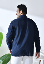Men Cotton Linen Navy Blue 1 Pocket Solid Color Regular Fit Smart Casual Shirt (Style Code-2k20)