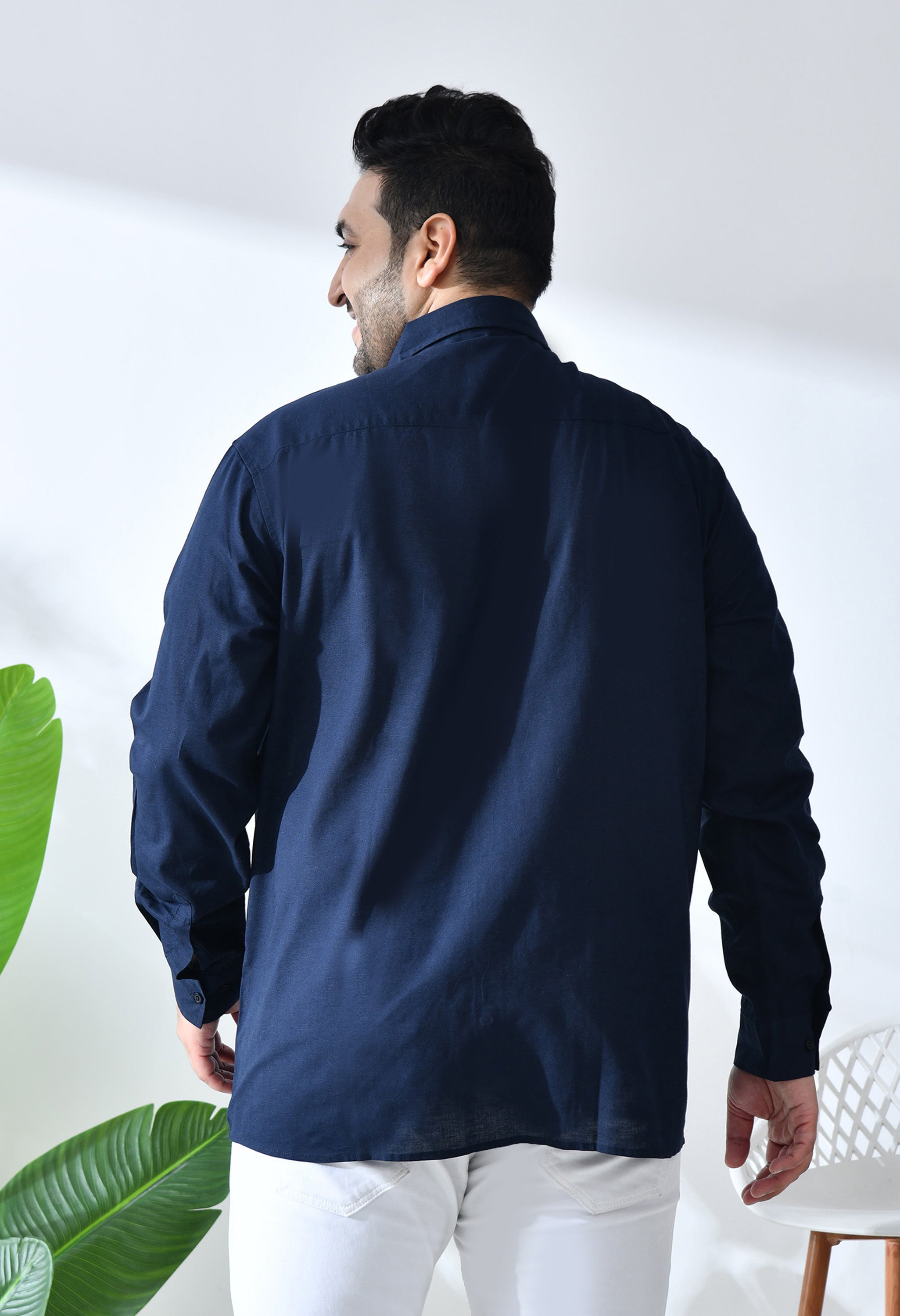 Men Cotton Linen Navy Blue 1 Pocket Solid Color Regular Fit Smart Casual Shirt (Style Code-2k20)