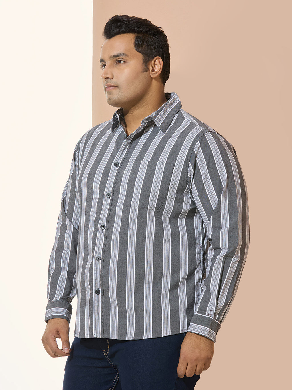 Men Cotton Stripe 1 Pocket Regular Fit Smart Casual Shirt  - GreyWhite