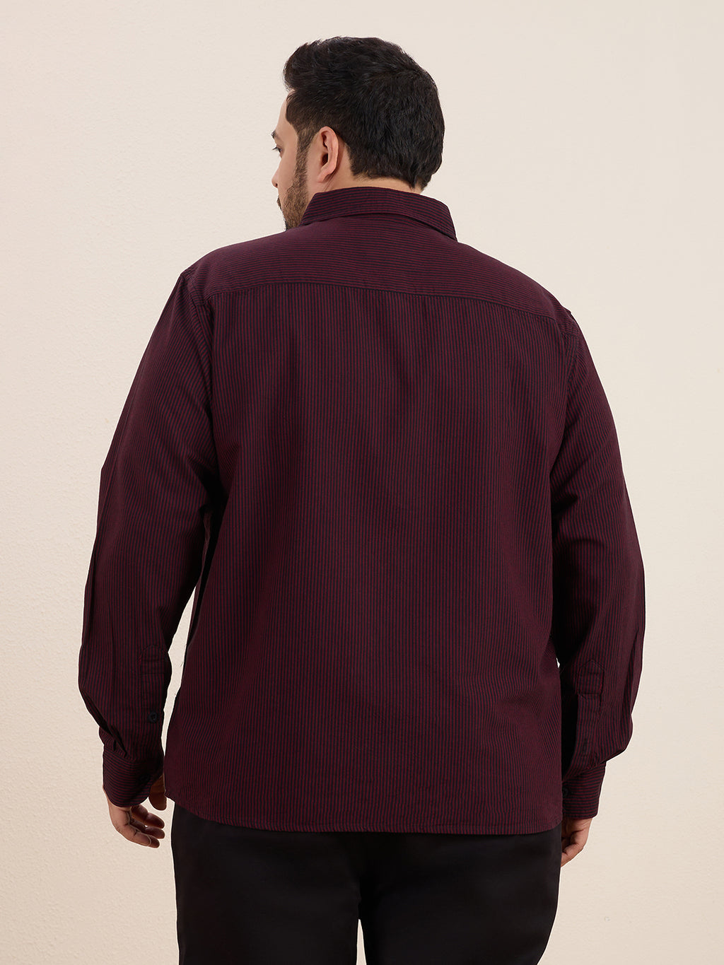 Plus Size Cotton Stripes Shirt 1 Pocket Regular Fit Smart Casual Shirt, Style-1270-Maroon