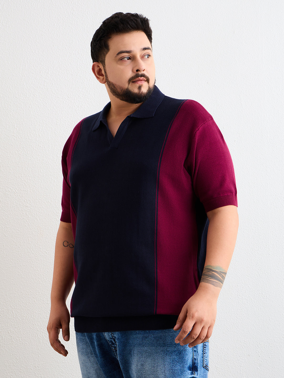 Neon Chillie Men's Plus Size Half Sleeve Polo Ribbed T Shirt - 140-Navy