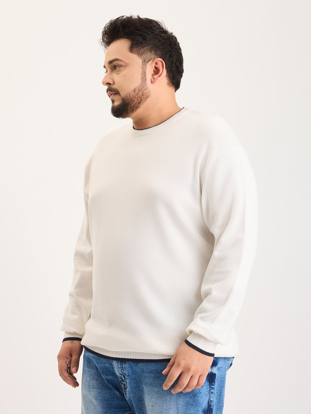 Flat Knit Full Sleeve Polo Ribbed T Shirt  - White - Style 133