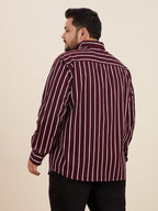 Plus Size Cotton Stripes Shirt 1 Pocket Regular Fit Smart Casual Shirt, Style-Plus-1219-Burgundy