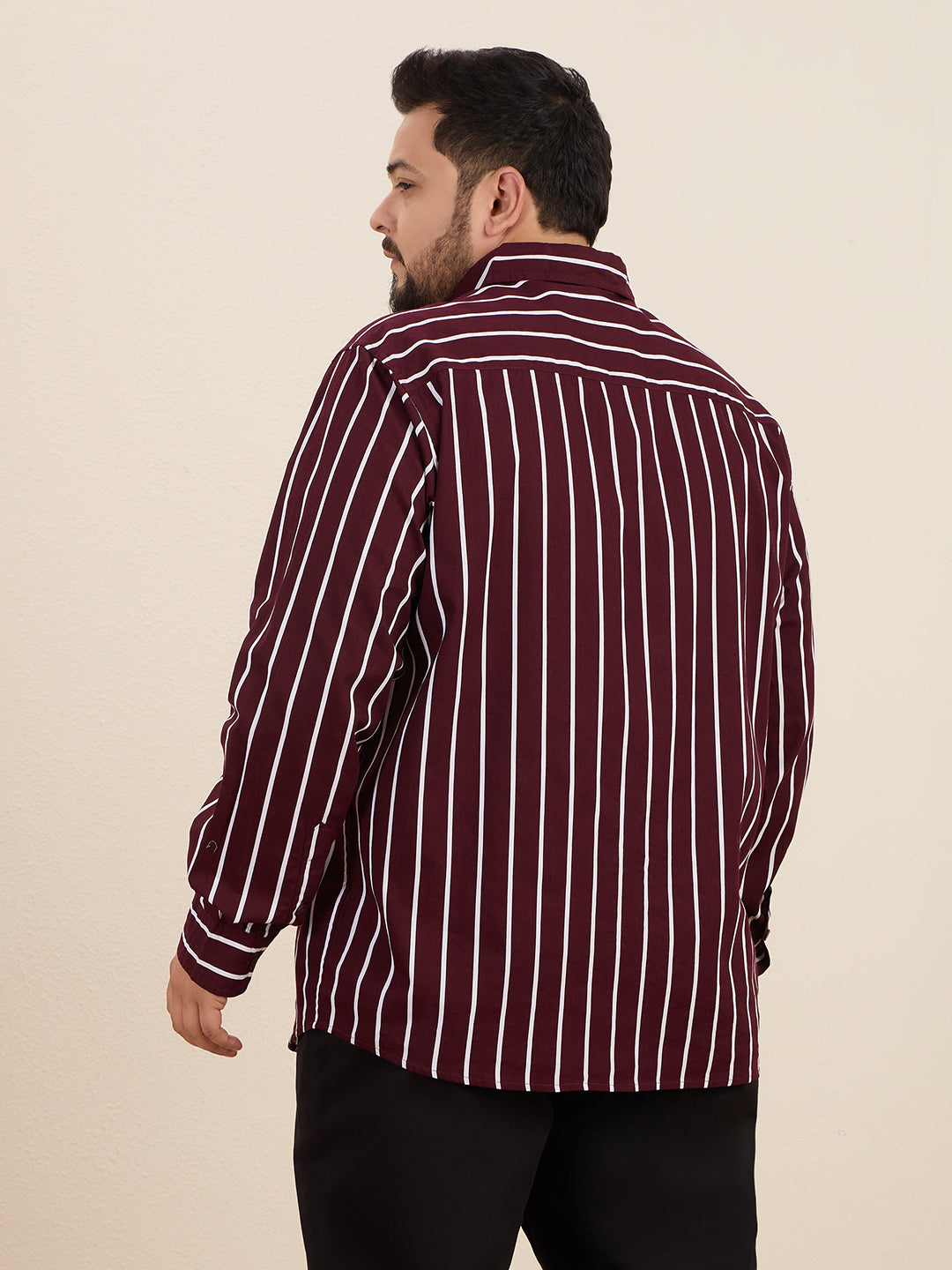 Plus Size Cotton Stripes Shirt 1 Pocket Regular Fit Smart Casual Shirt, Style-Plus-1219-Burgundy