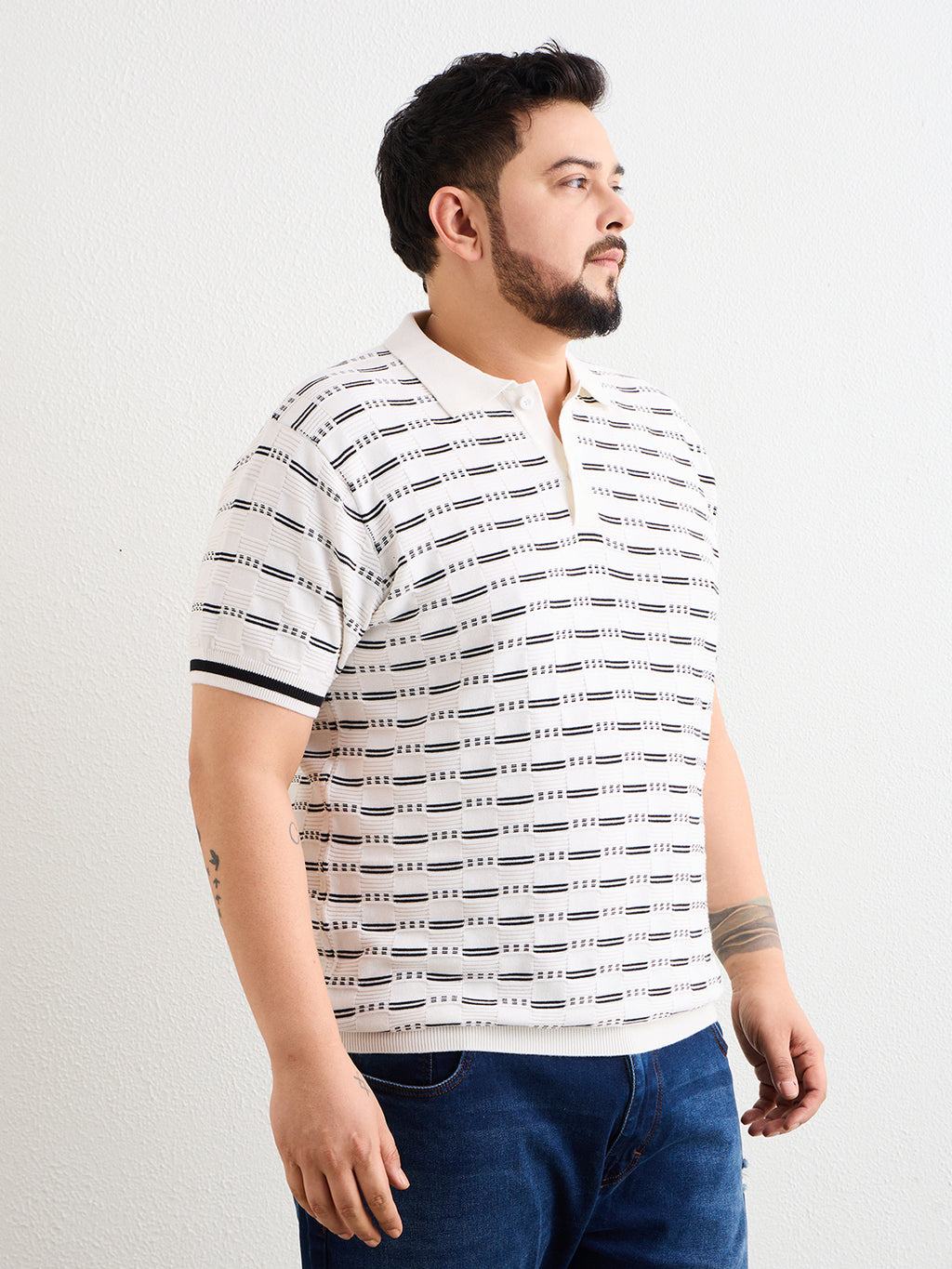 Neon Chillie Men's Plus Size Half Sleeve Polo Ribbed T Shirt - 144-White