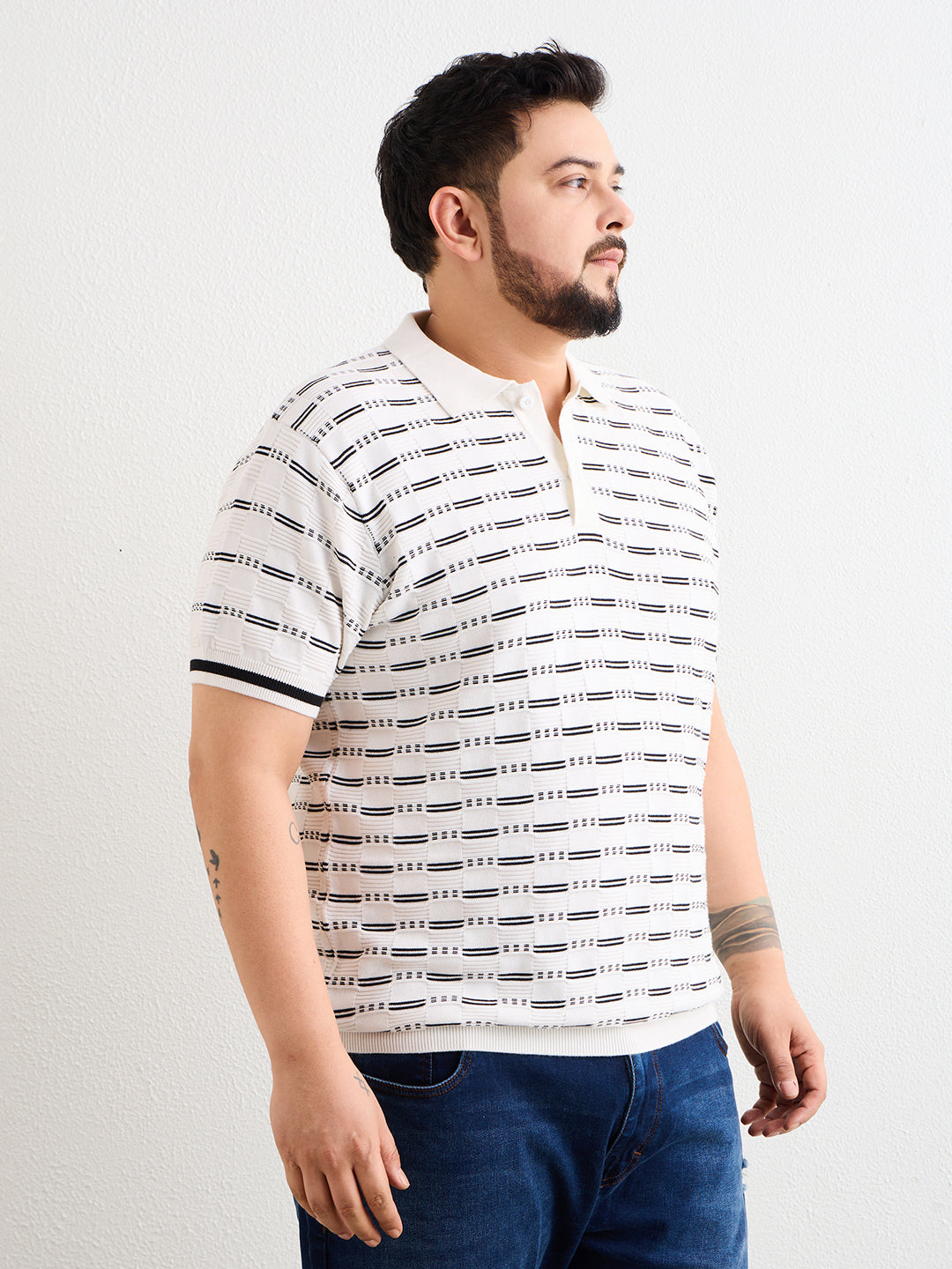 Neon Chillie Men's Plus Size Half Sleeve Polo Ribbed T Shirt - 144-White