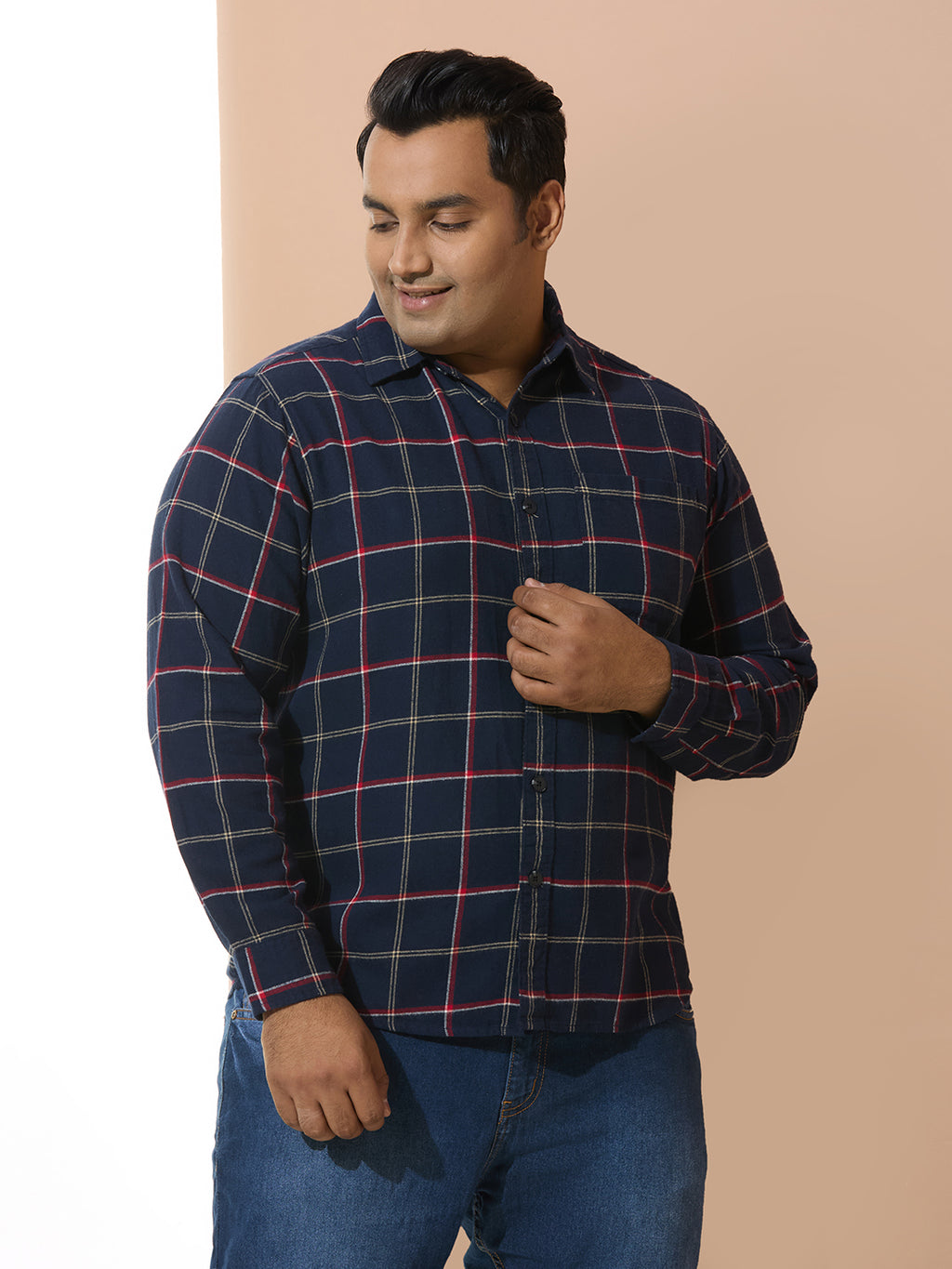 Men Cotton Checks 1 Pocket Regular Fit Smart Casual Shirt - Navyred