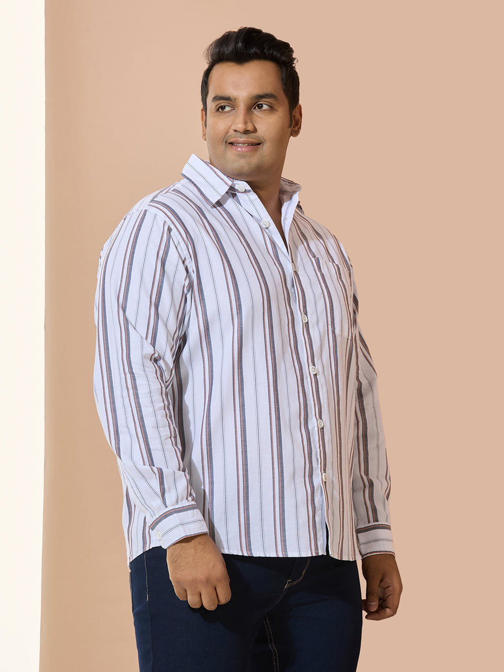 Men Cotton Stripe 1 Pocket Regular Fit Smart Casual Shirt - White-orange