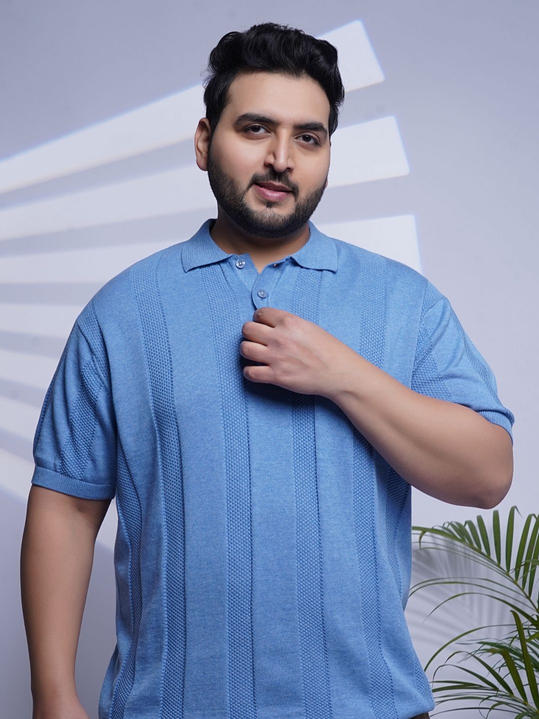 Flat Knit Half sleeve Polo Ribbed T Shirt - 125-Skyblue