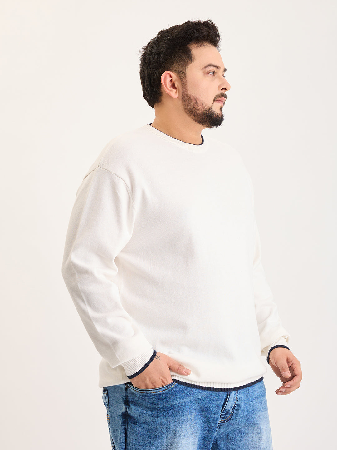 Flat Knit Full Sleeve Polo Ribbed T Shirt  - White - Style 133