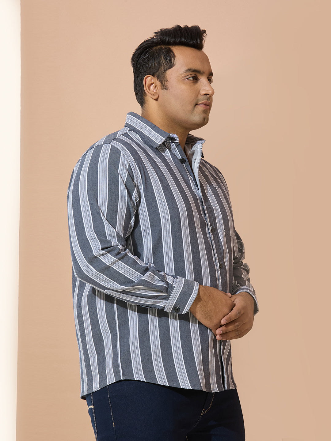 Men Cotton Stripe 1 Pocket Regular Fit Smart Casual Shirt  - NavyWhite